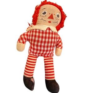 Primitive Handmade Rag Doll Cloth Toy Raggedy Style Red Gingham Yarn Vintage